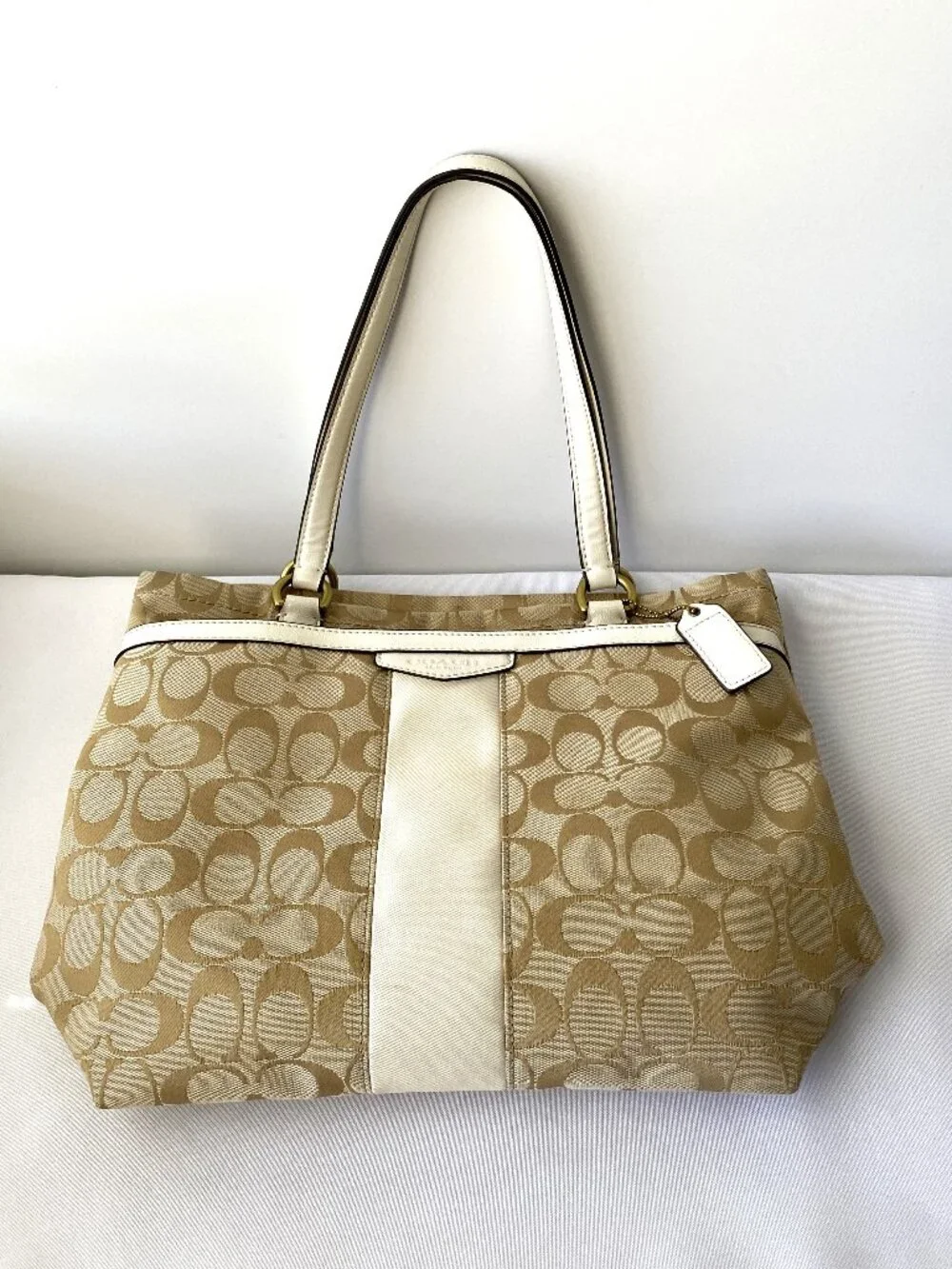 Coach Signature Jacquard Tote Bag | Beige and Ivory Designer Handbag | Large Bag